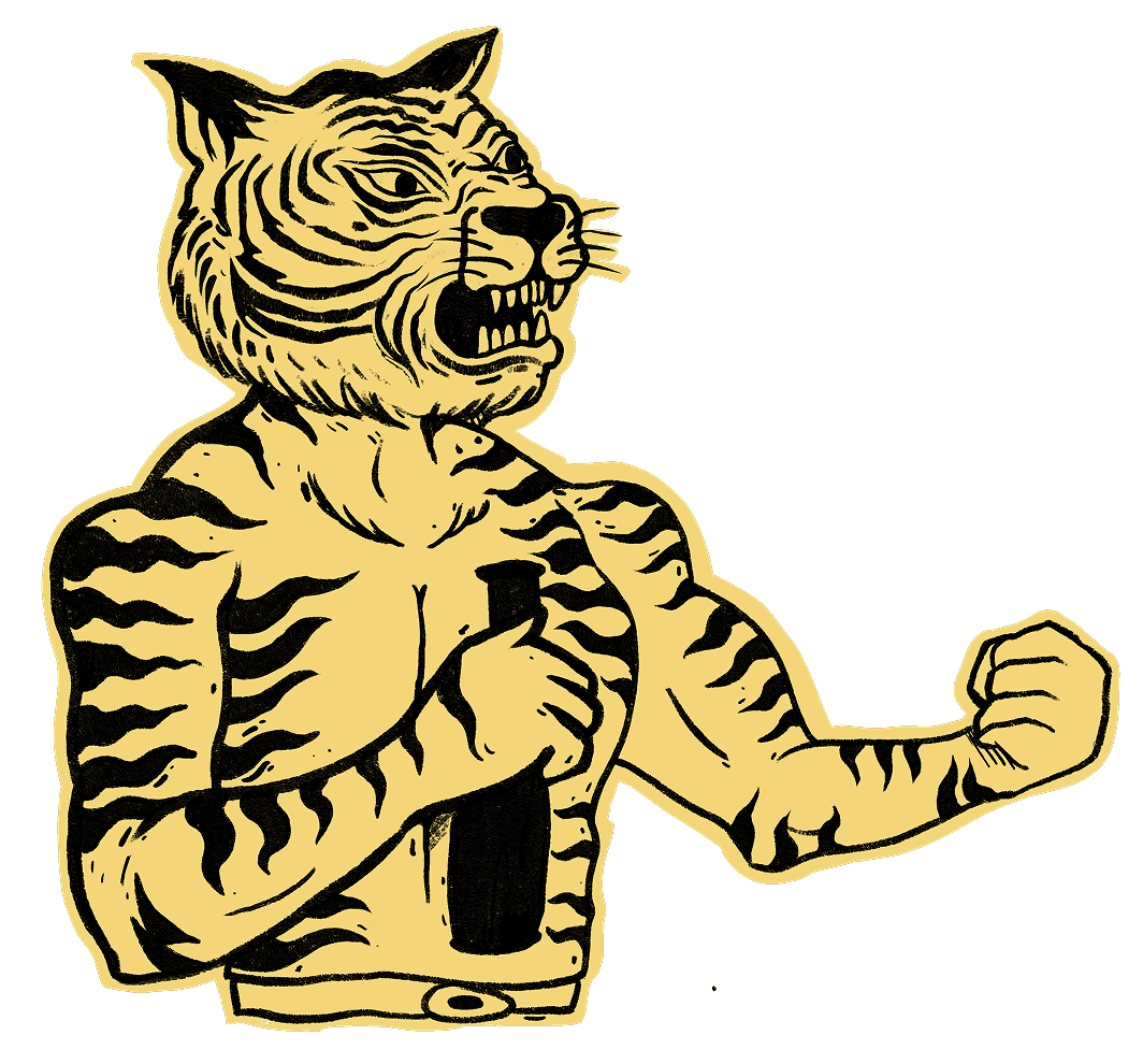 The Fisticuff tiger — the mascot's ever-present sidekick